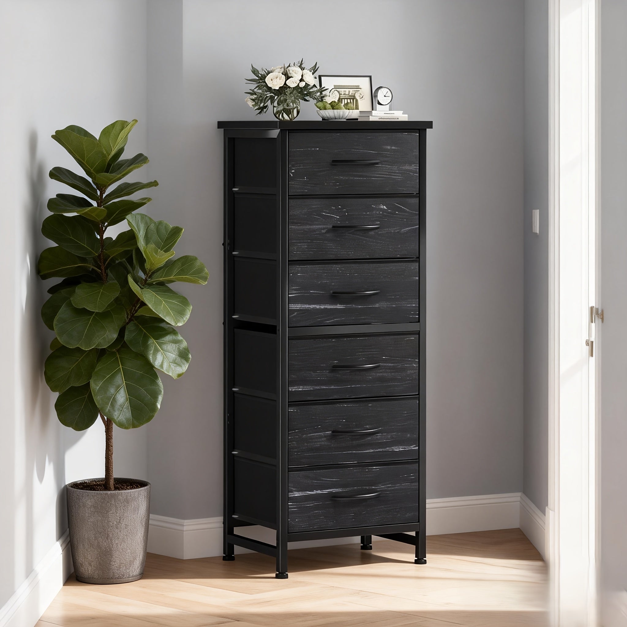 Tall 6-Drawer Fabric Storage Dresser - Metal Frame with Cross Support, Anti-Tip Design & Wood Top for Bedroom, Office, Compact Spaces