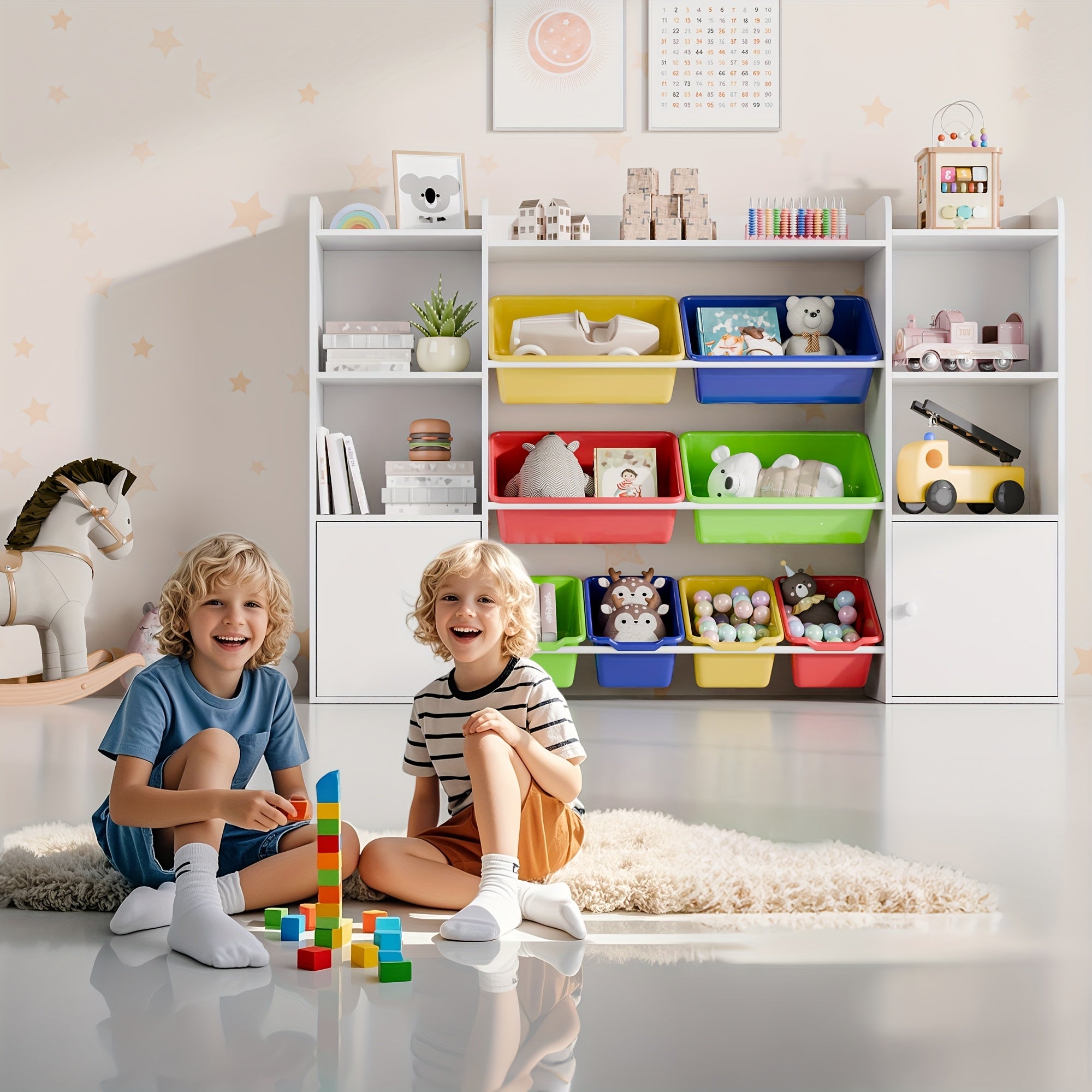 Kids Toy Storage Organizer W\u002F8 Removable Toy Bins, 4-Tier Toy Organizers W\u002F6 Storage Cubbies, Kids Bookshelf And Toy Storage for Playroom, Bedroom, Kids Room, Classroom