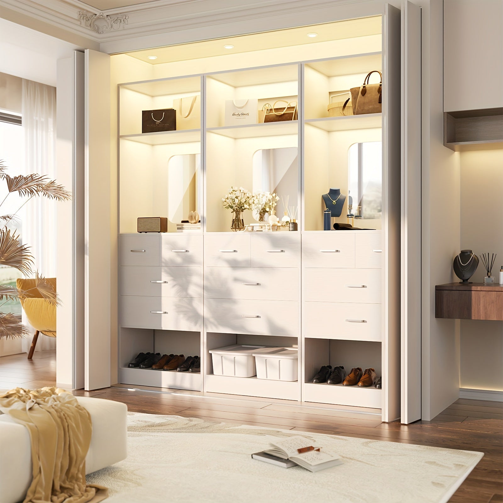 Unikito 25 Inch Closet System with 4 Drawers, 2FT Wood Closet Organizer with Storage Shelves And Mirror Design, Freestanding Sturdy Walk in Closet Tower for Bedroom, 25\