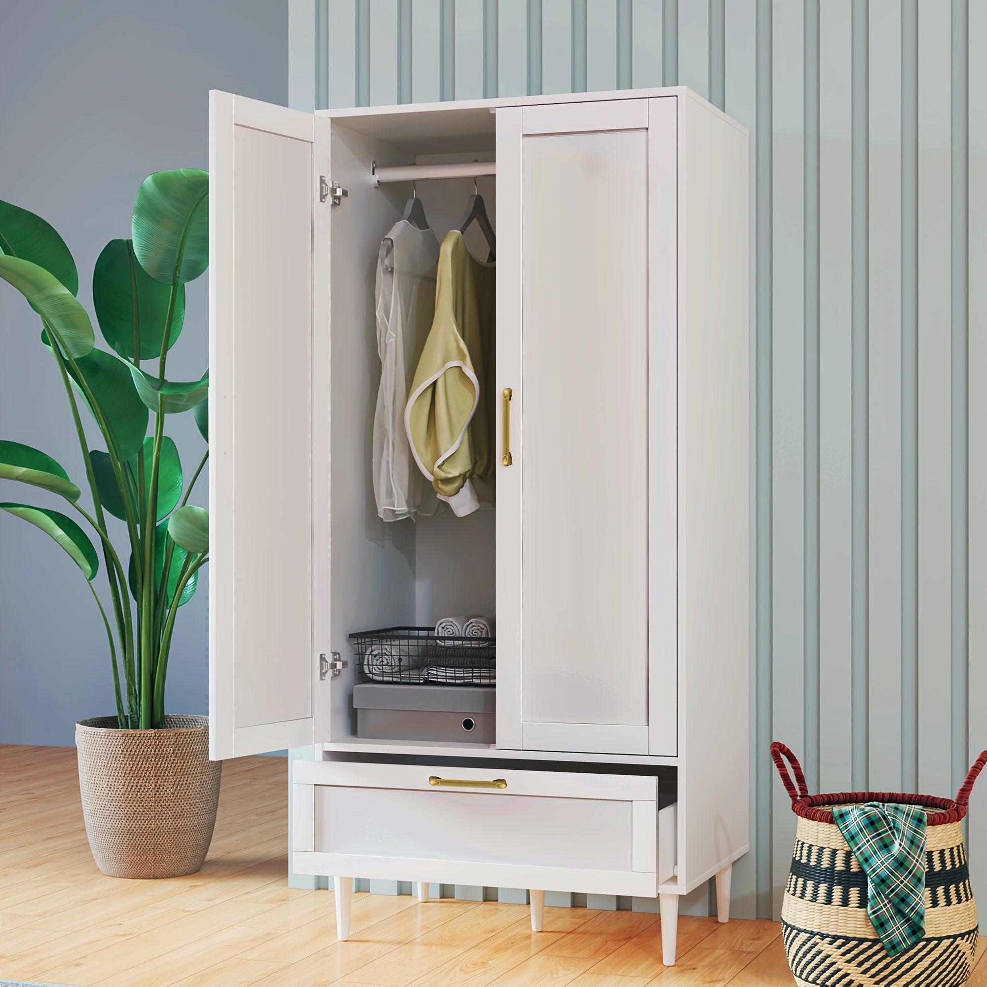 Modern Freestanding Wardrobe With Drawers, Double Doors, 60-Inch Large Capacity Storage Cabinet With Hanging Rod, Ideal For Bedroom Home Organization