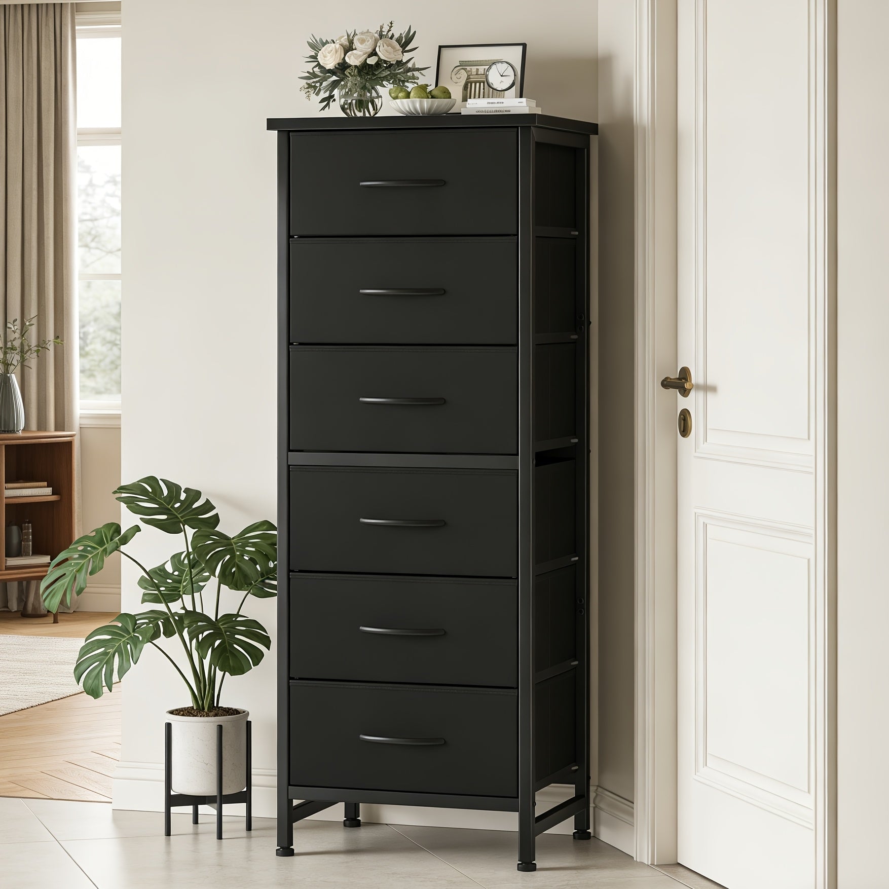 Tall 6-Drawer Fabric Storage Dresser - Metal Frame with Cross Support, Anti-Tip Design & Wood Top for Bedroom, Office, Compact Spaces