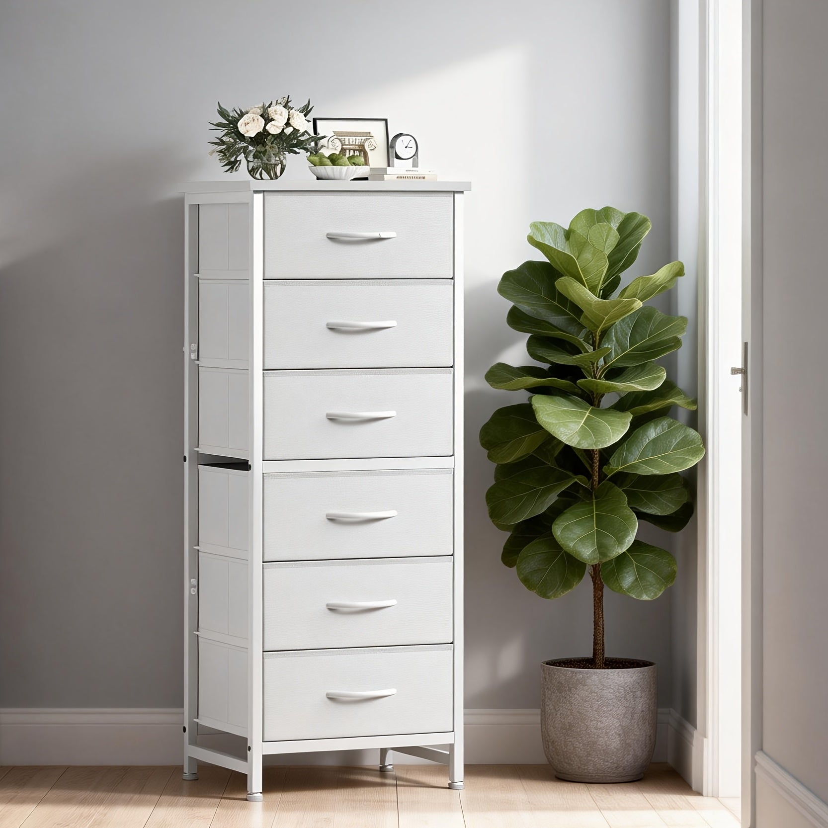 Tall 6-Drawer Fabric Storage Dresser - Metal Frame with Cross Support, Anti-Tip Design & Wood Top for Bedroom, Office, Compact Spaces