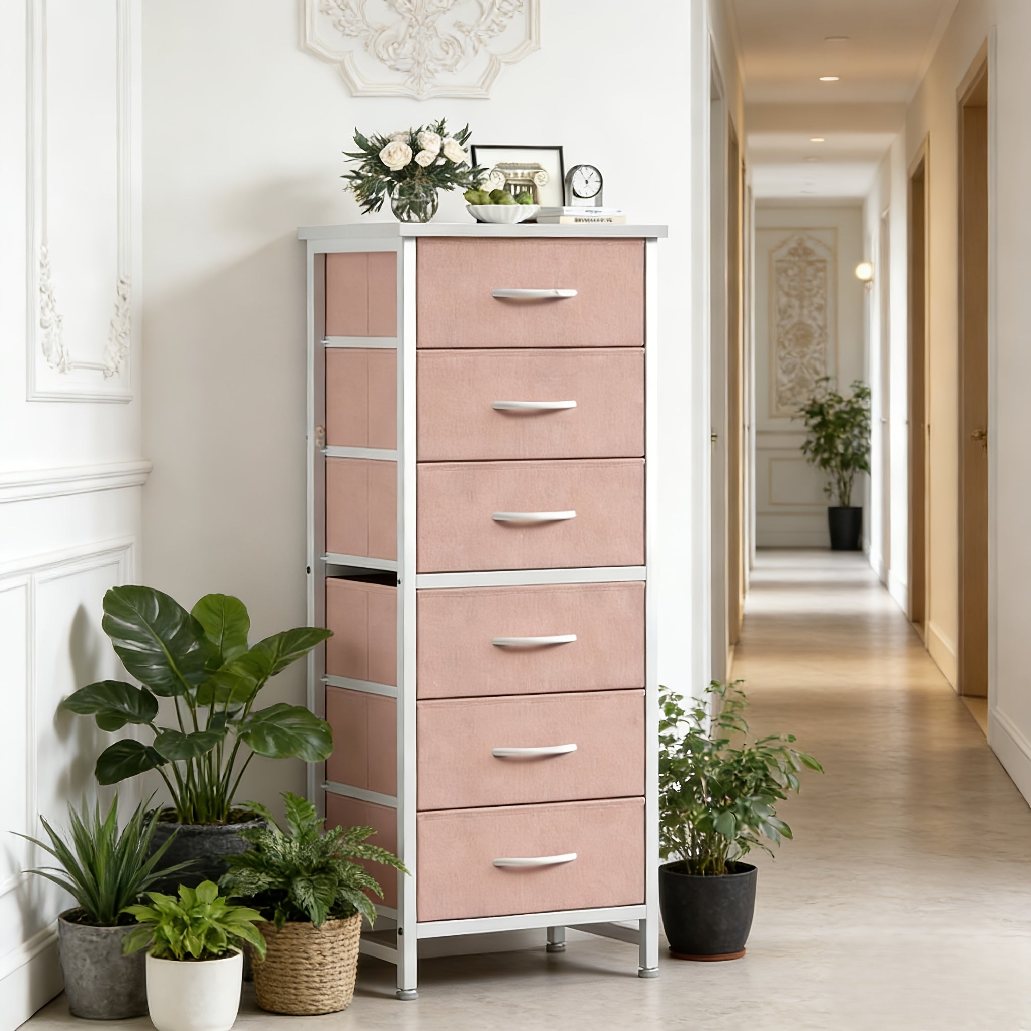 Tall 6-Drawer Fabric Storage Dresser - Metal Frame with Cross Support, Anti-Tip Design & Wood Top for Bedroom, Office, Compact Spaces