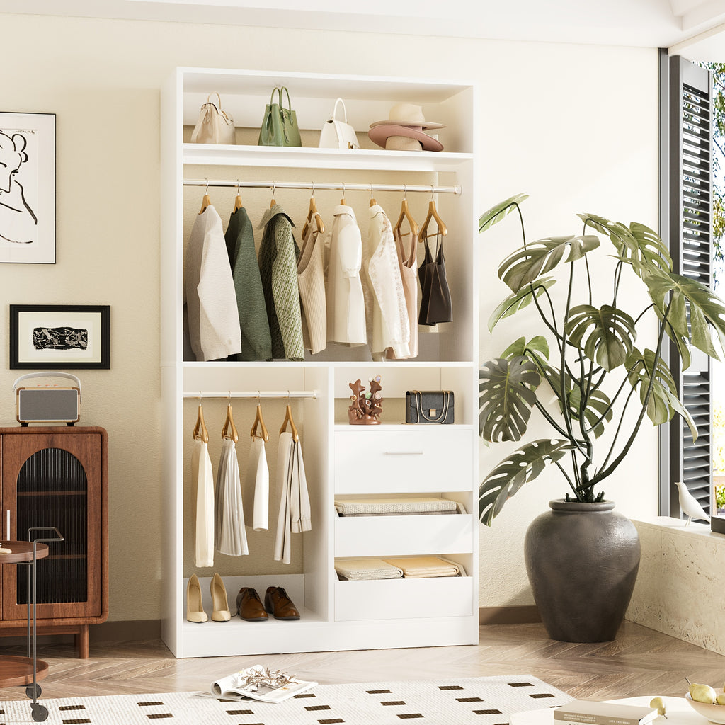 Freestanding Closet System with 3 Drawers - 3ft Wood Closet Organizer System with 2 Hanging Rods And 3 Shelves, Built-In Garment Rack, 36\