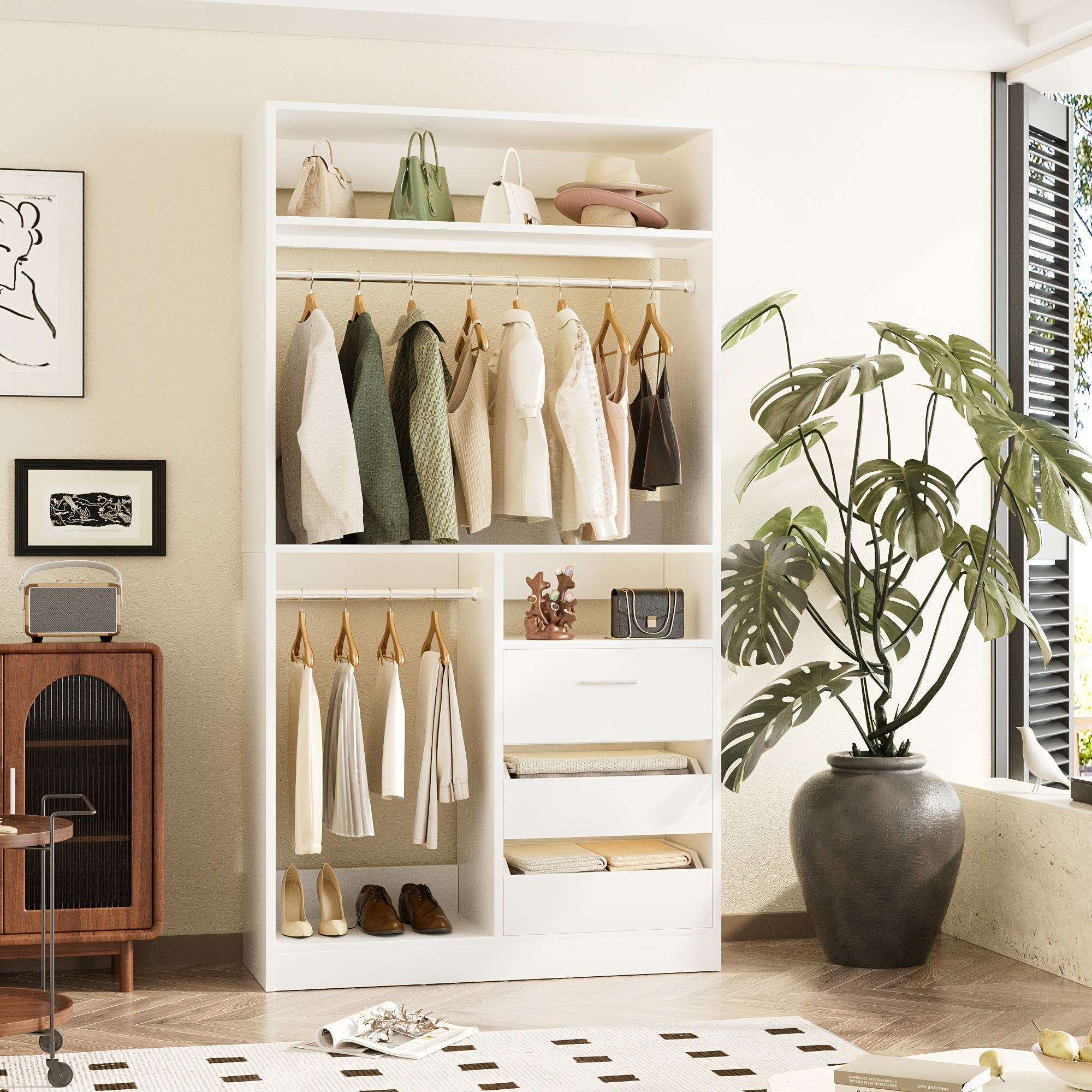 Freestanding Closet System with 3 Drawers - 3ft Wood Closet Organizer System with 2 Hanging Rods And 3 Shelves, Built-In Garment Rack, 36\