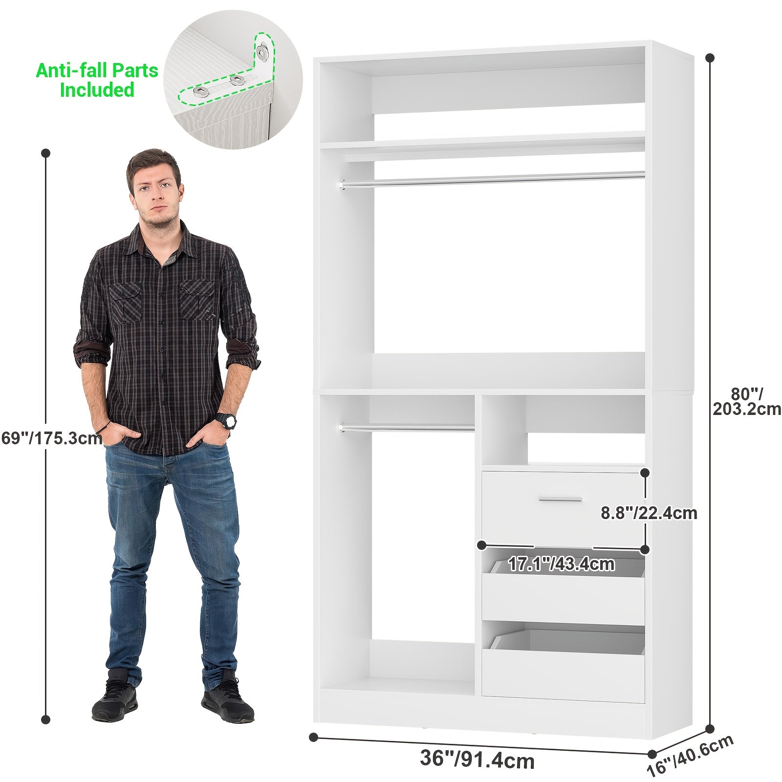 Freestanding Closet System with 3 Drawers - 3ft Wood Closet Organizer System with 2 Hanging Rods And 3 Shelves, Built-In Garment Rack, 36\