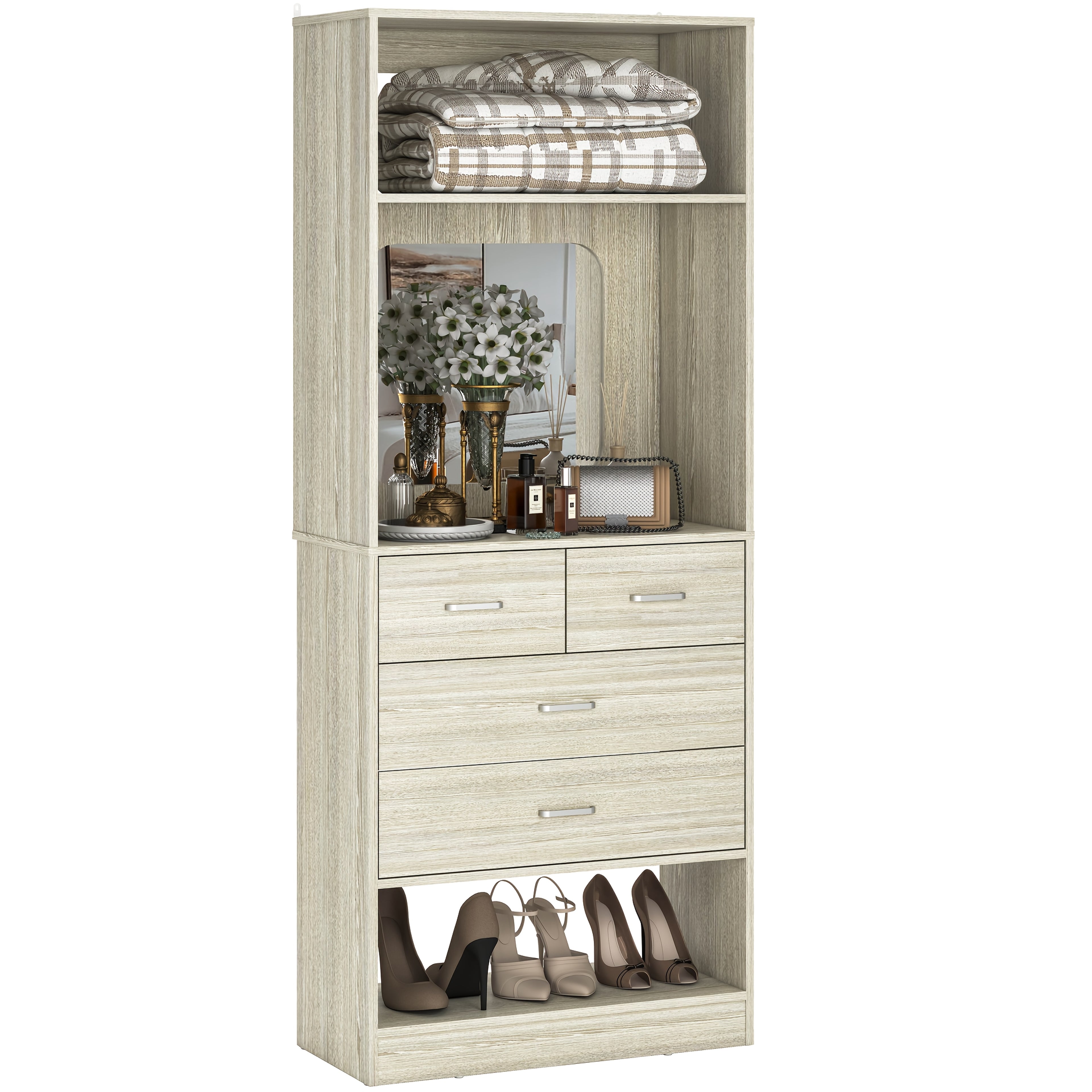 Unikito 25 Inch Closet System with 4 Drawers, 2FT Wood Closet Organizer with Storage Shelves And Mirror Design, Freestanding Sturdy Walk in Closet Tower for Bedroom, 25\