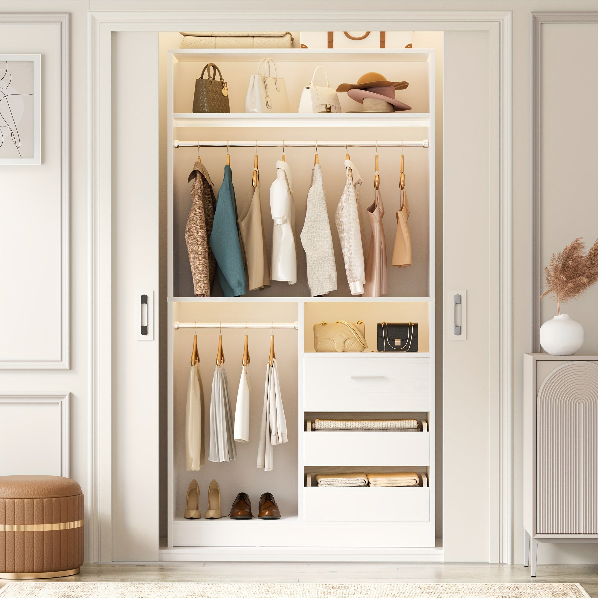Freestanding Closet System with 3 Drawers - 3ft Wood Closet Organizer System with 2 Hanging Rods And 3 Shelves, Built-In Garment Rack, 36\