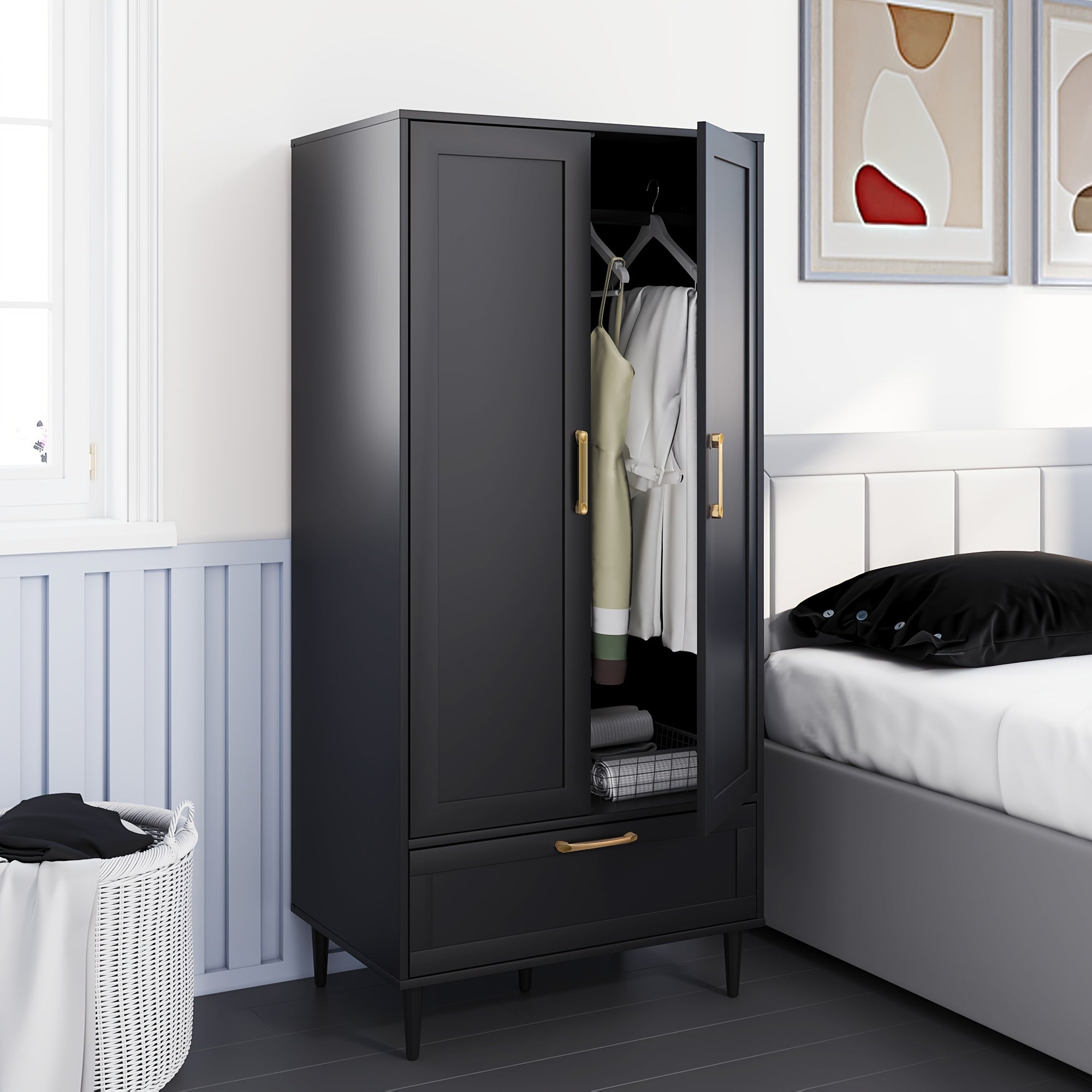 Modern Freestanding Wardrobe With Drawers, Double Doors, 60-Inch Large Capacity Storage Cabinet With Hanging Rod, Ideal For Bedroom Home Organization