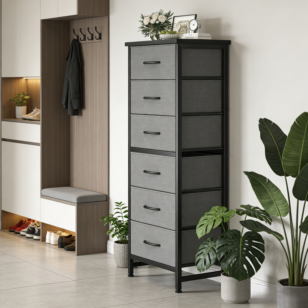 Tall 6-Drawer Fabric Storage Dresser - Metal Frame with Cross Support, Anti-Tip Design & Wood Top for Bedroom, Office, Compact Spaces