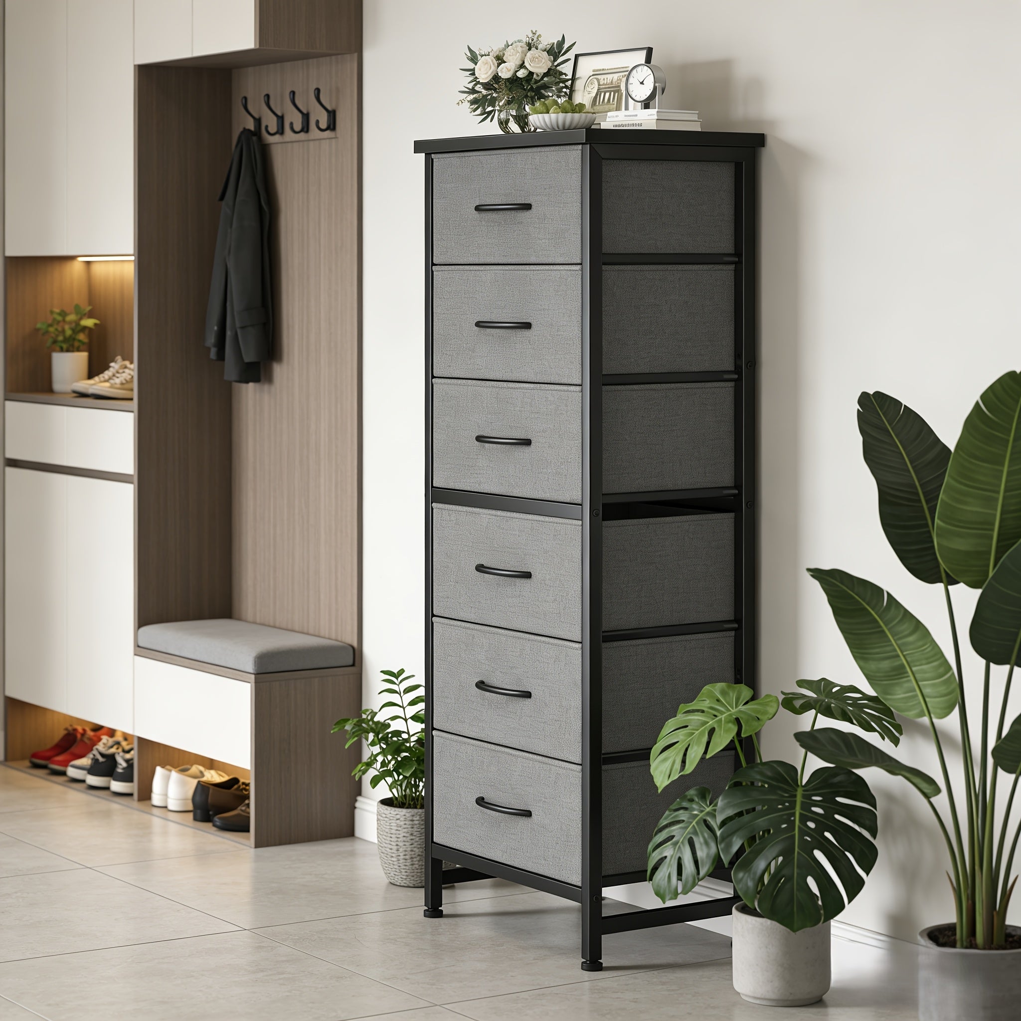 Tall 6-Drawer Fabric Storage Dresser - Metal Frame with Cross Support, Anti-Tip Design & Wood Top for Bedroom, Office, Compact Spaces
