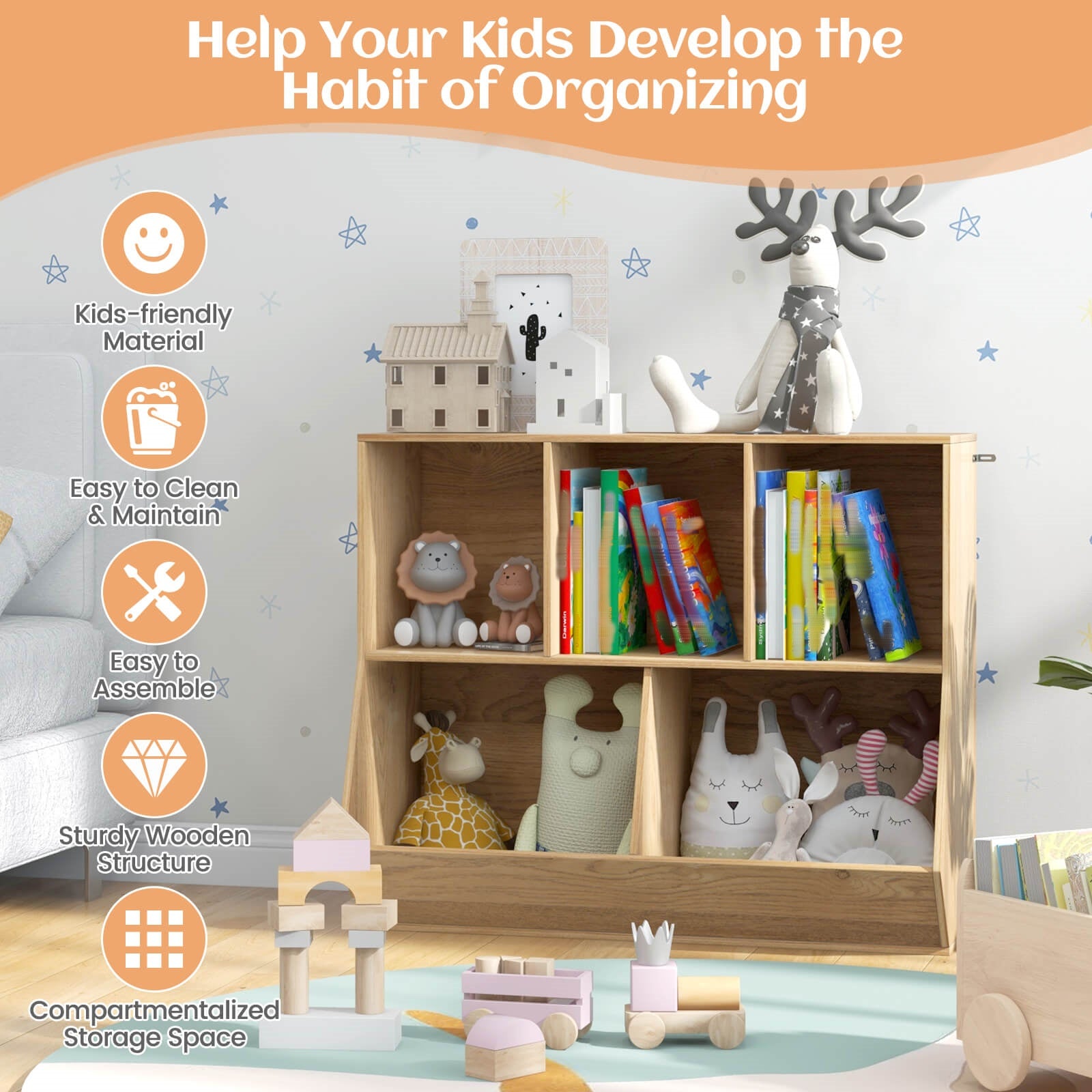 COSTWAY 5-Cubby Kids Toy Storage Organizer Wooden Bookshelf Display Cabinet White\u002FNatural