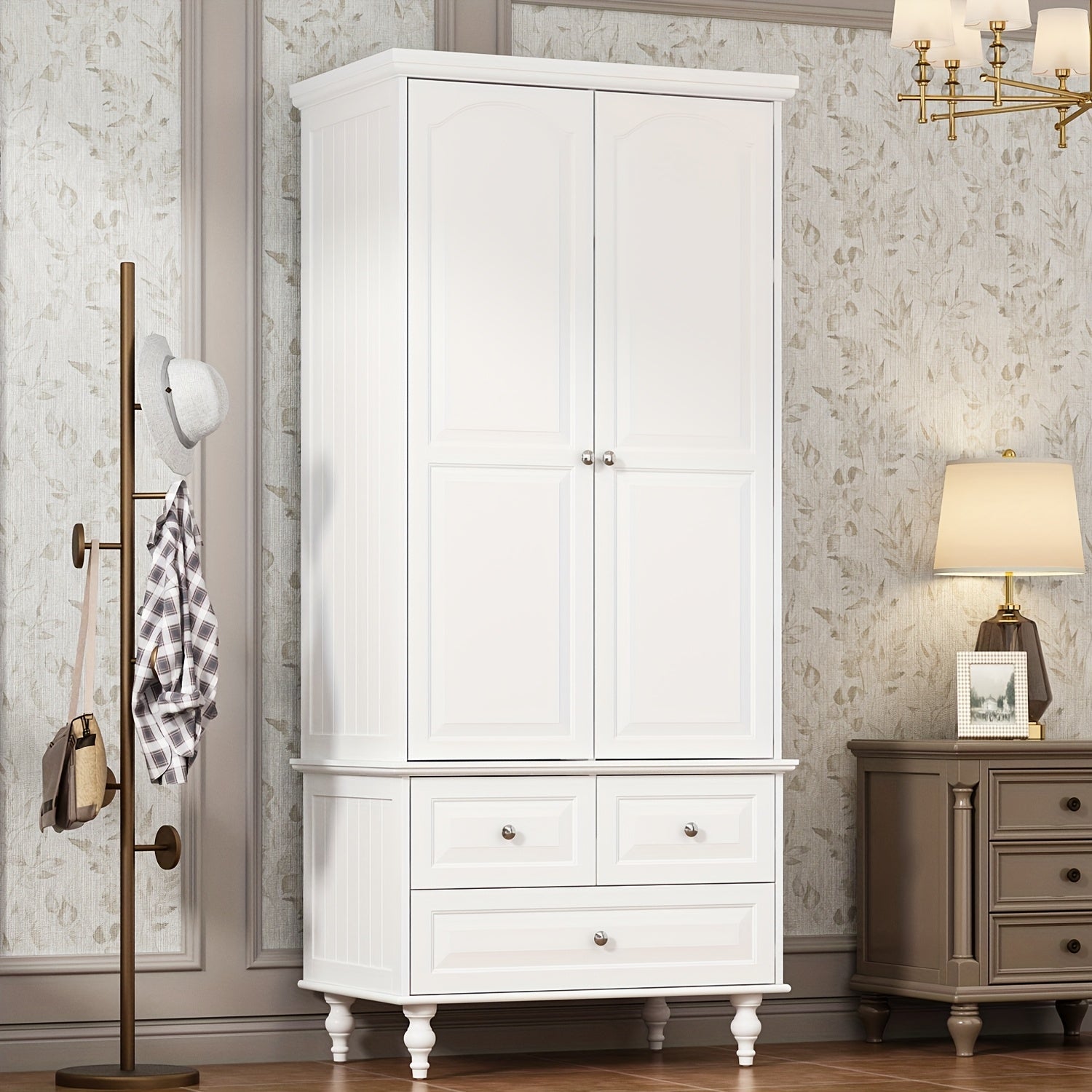 Stylish Wardrobe Cabinet Featuring Three Drawers And Four Shelves, Equipped with a Hanging Rod, Storage Unit with Handles And Wooden Legs, Suitable for Bedrooms And Guest Rooms, Offering Ample Storage Capacity, in White Color