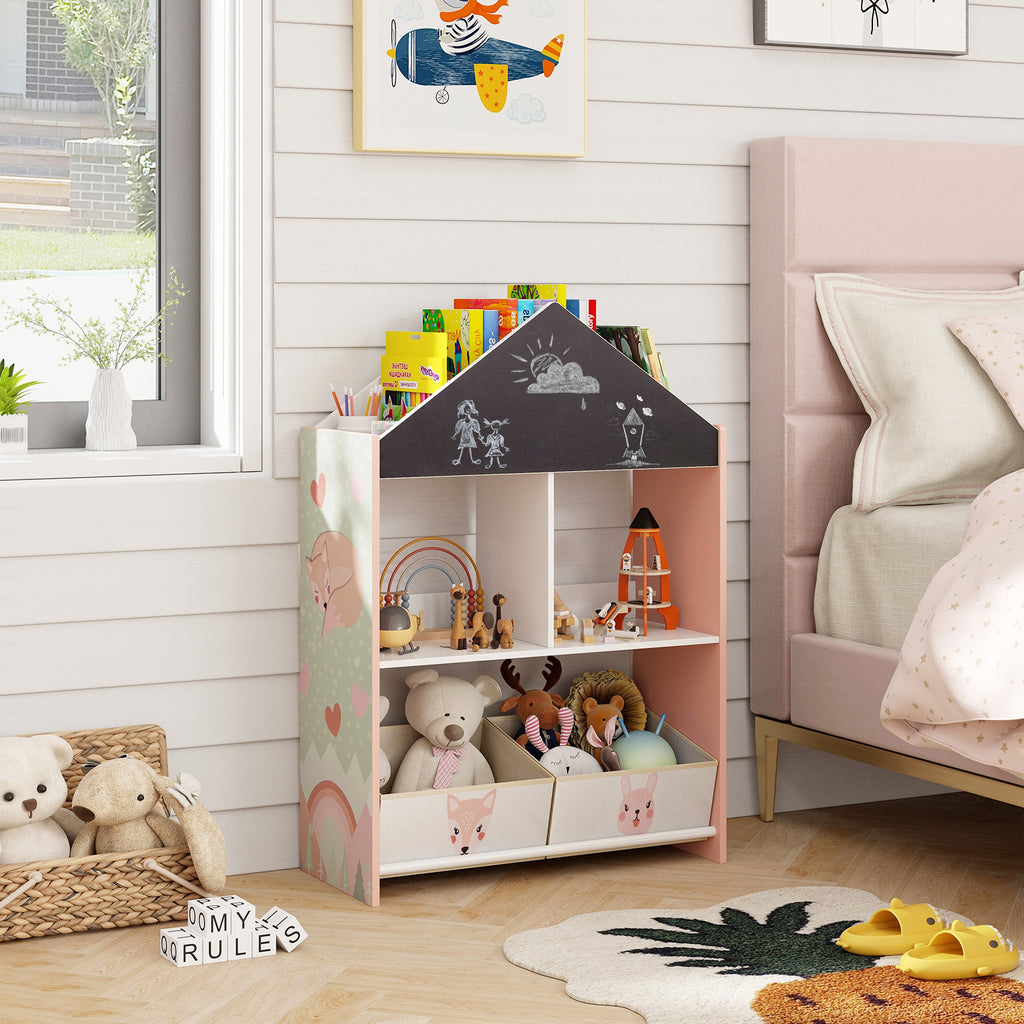 Kids Bookshelf with Chalkboard & Whiteboard Panel - Heavy-Duty Toy Storage Organizer, 4 Top Shelves & 2 Fabric Drawers, Dollhouse Bookcase Suitable for Boys and Girls Room, Furniture for 3-6 Years Old