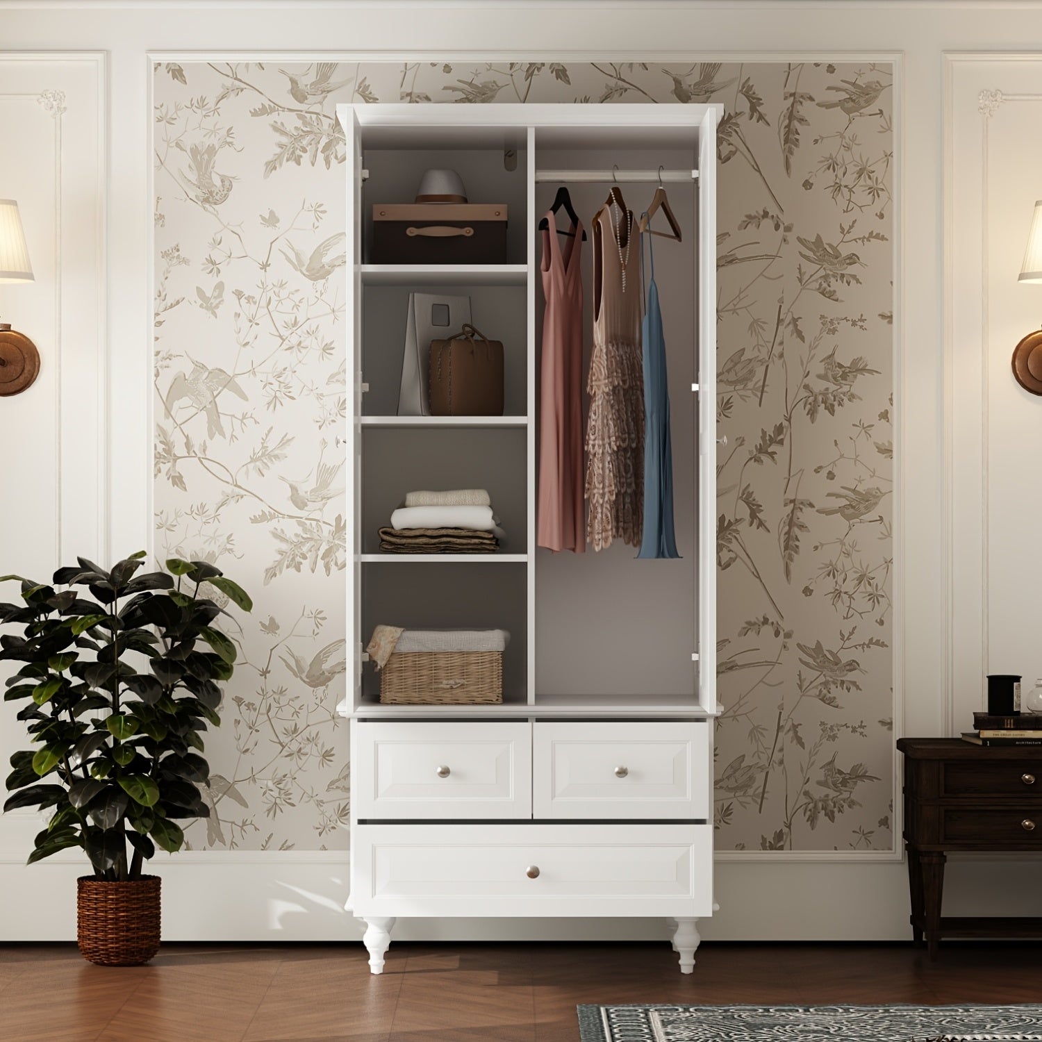 Stylish Wardrobe Cabinet Featuring Three Drawers And Four Shelves, Equipped with a Hanging Rod, Storage Unit with Handles And Wooden Legs, Suitable for Bedrooms And Guest Rooms, Offering Ample Storage Capacity, in White Color