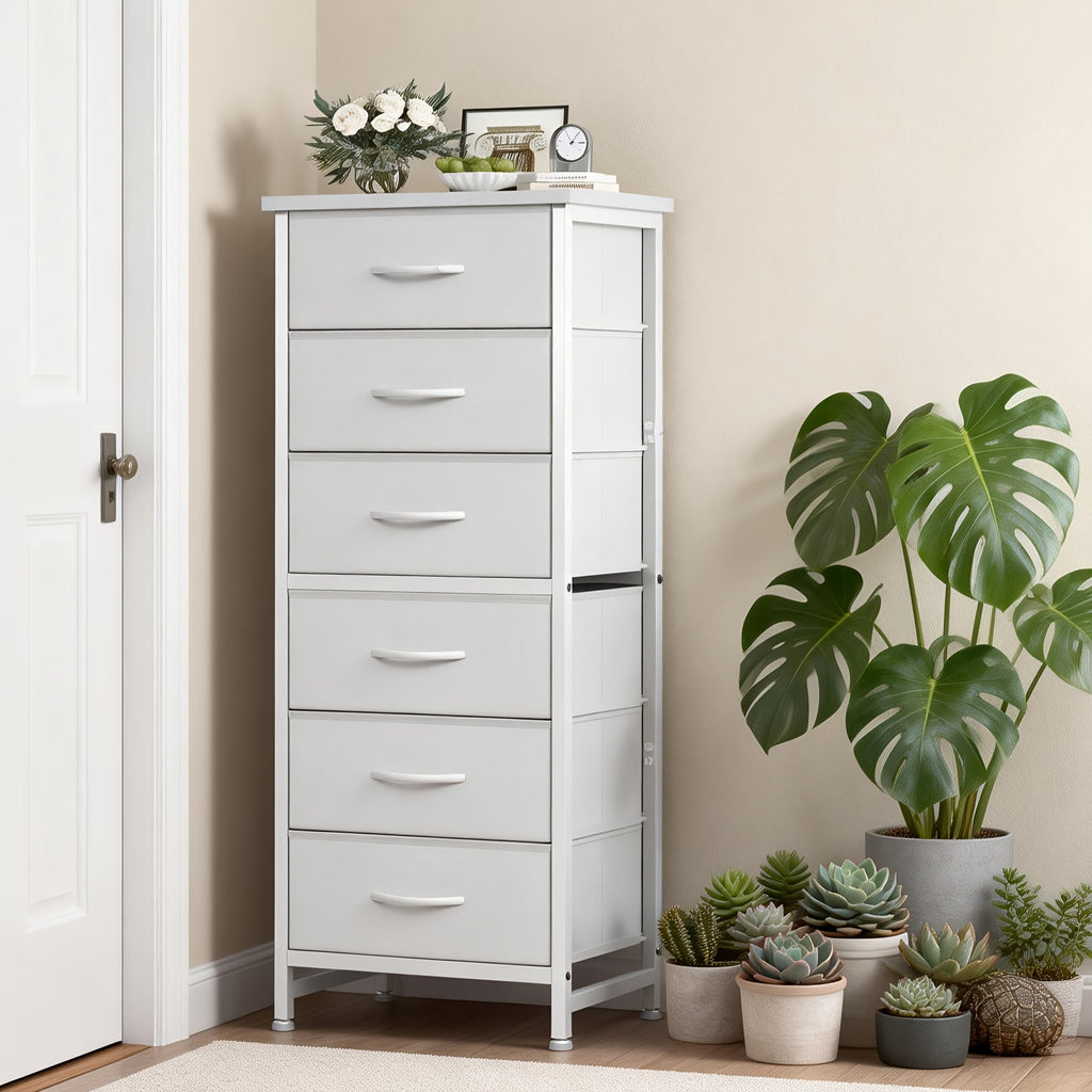Tall 6-Drawer Fabric Storage Dresser - Metal Frame with Cross Support, Anti-Tip Design & Wood Top for Bedroom, Office, Compact Spaces