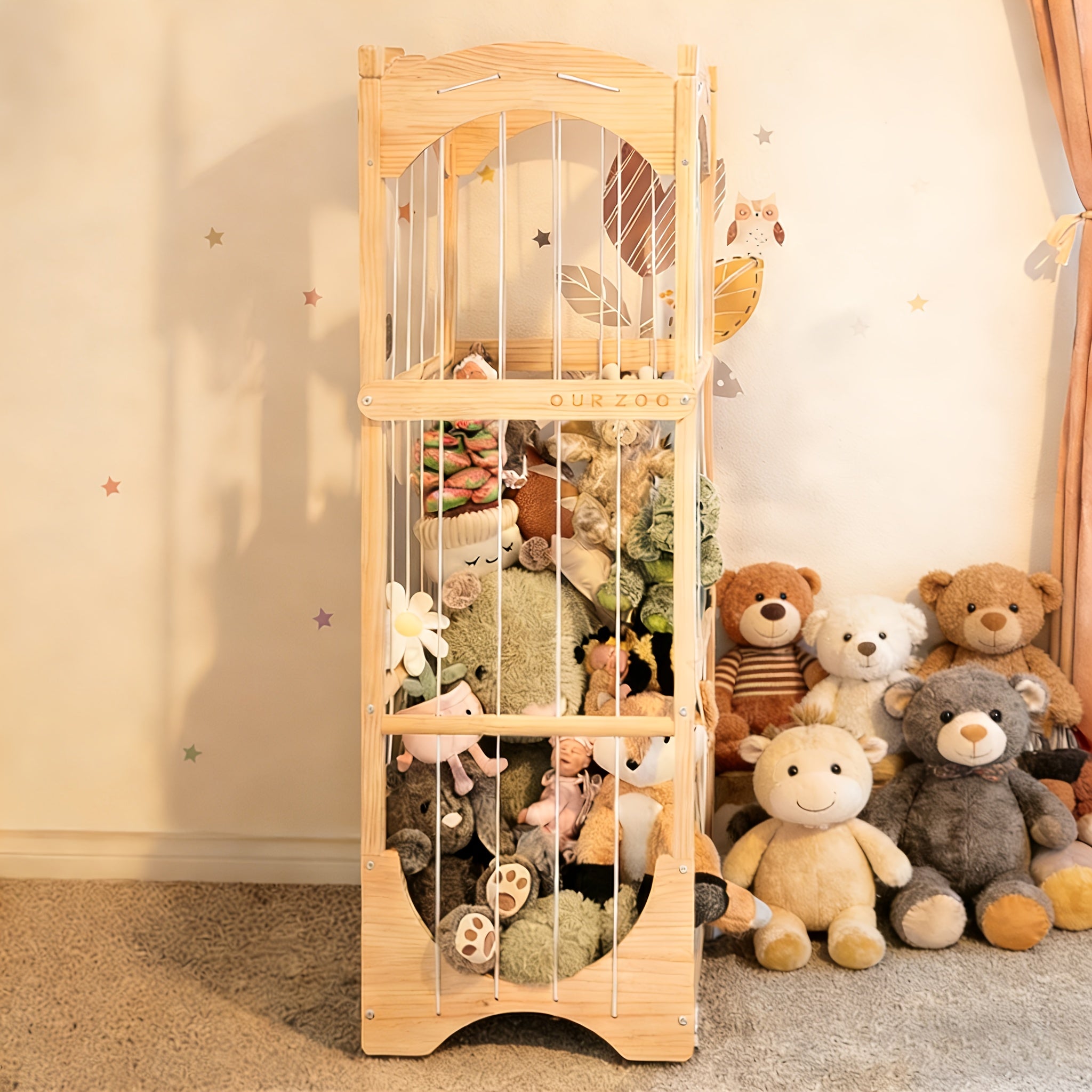 Fodoss Wooden Animal Storage Shelf with 360° Rotating Shelves & Mobile Base - Wood Toy Suitable for Children's Playroom,, Room, Sturdy Cart with Spacious Shelves for and Stuffed Animals