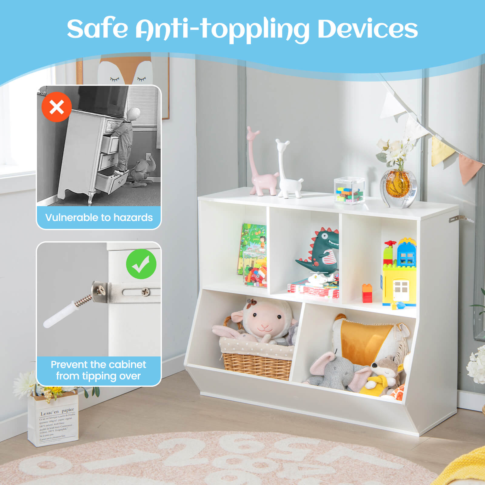 COSTWAY 5-Cubby Kids Toy Storage Organizer Wooden Bookshelf Display Cabinet White\u002FNatural