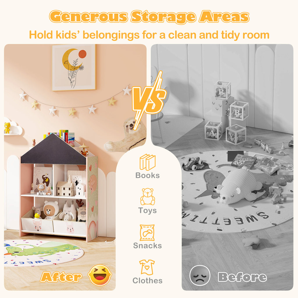 Kids Bookshelf with Chalkboard & Whiteboard Panel - Heavy-Duty Toy Storage Organizer, 4 Top Shelves & 2 Fabric Drawers, Dollhouse Bookcase Suitable for Boys and Girls Room, Furniture for 3-6 Years Old