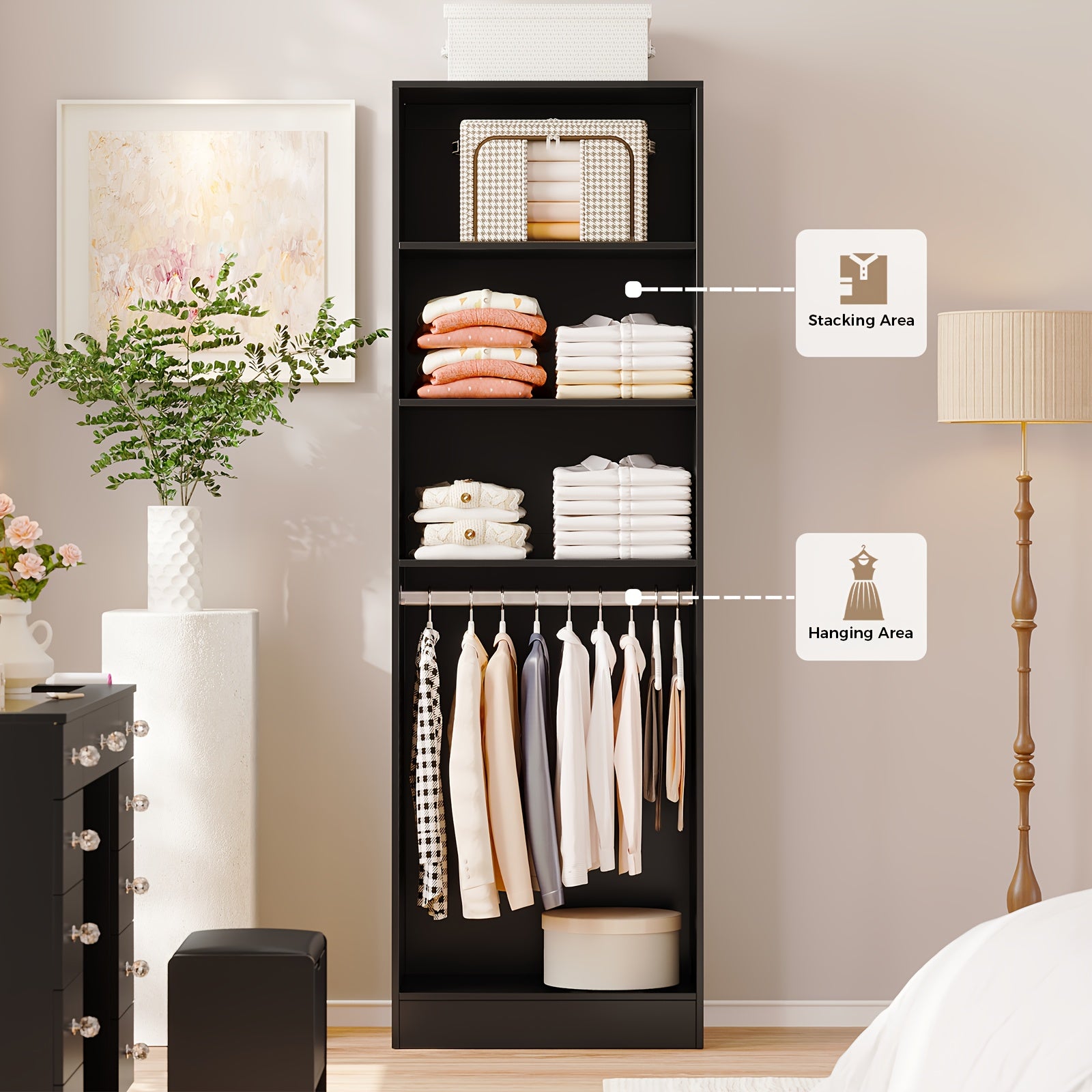 Freestanding Wardrobe Closet, Multi-Functional Clothing Cabinet for Hanging Clothes, Wood Closet Organizer System, Walk-in Closet for Bedroom, Entryway